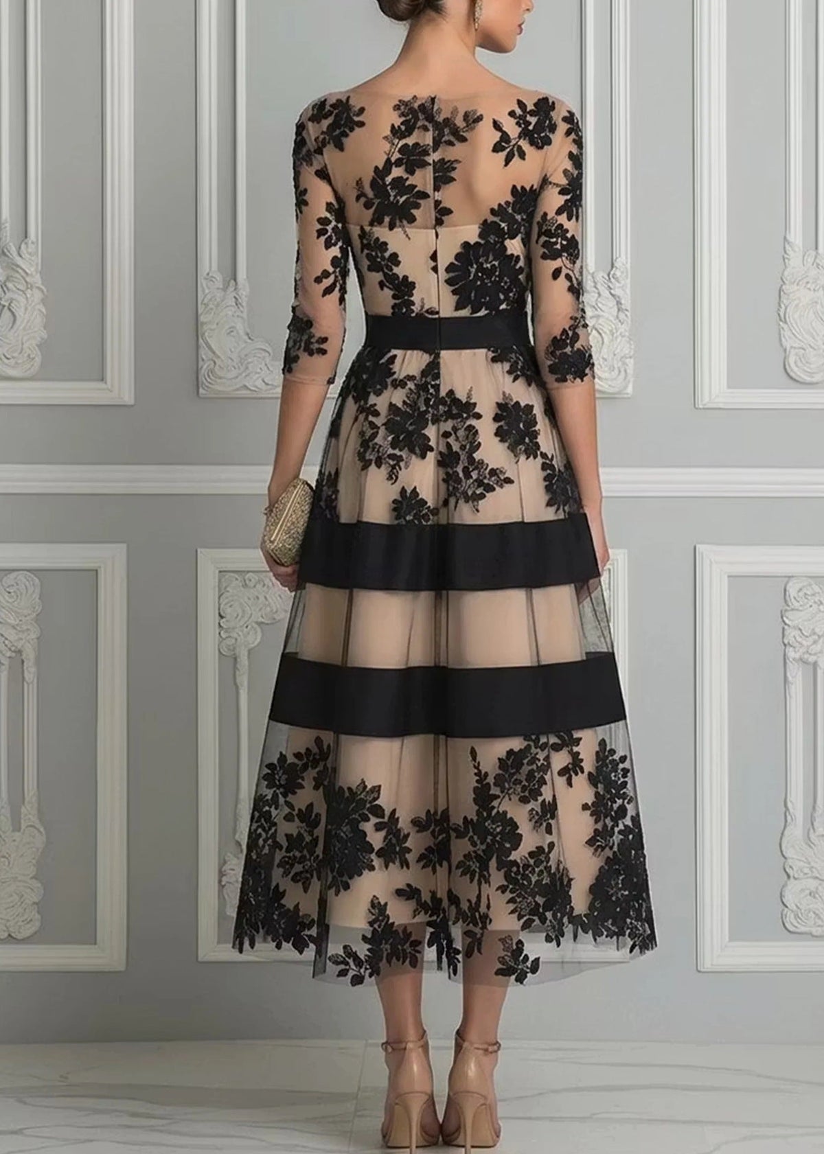 CATHERINE | Vestido Midi de Encaje Floral Negro