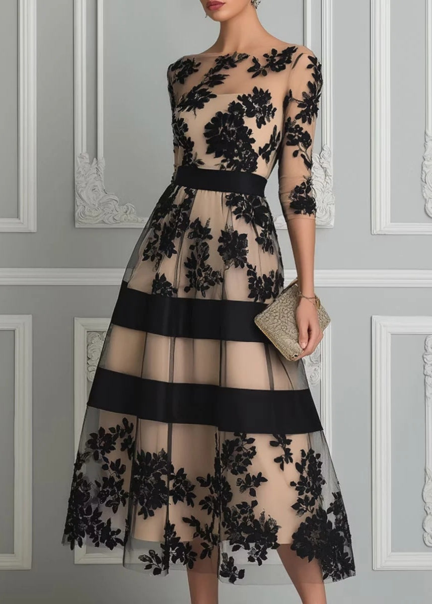 CATHERINE | Vestido Midi de Encaje Floral Negro
