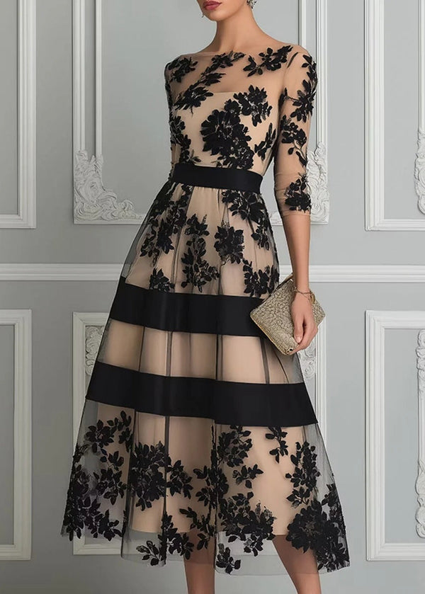 CATHERINE | Vestido Midi de Encaje Floral Negro